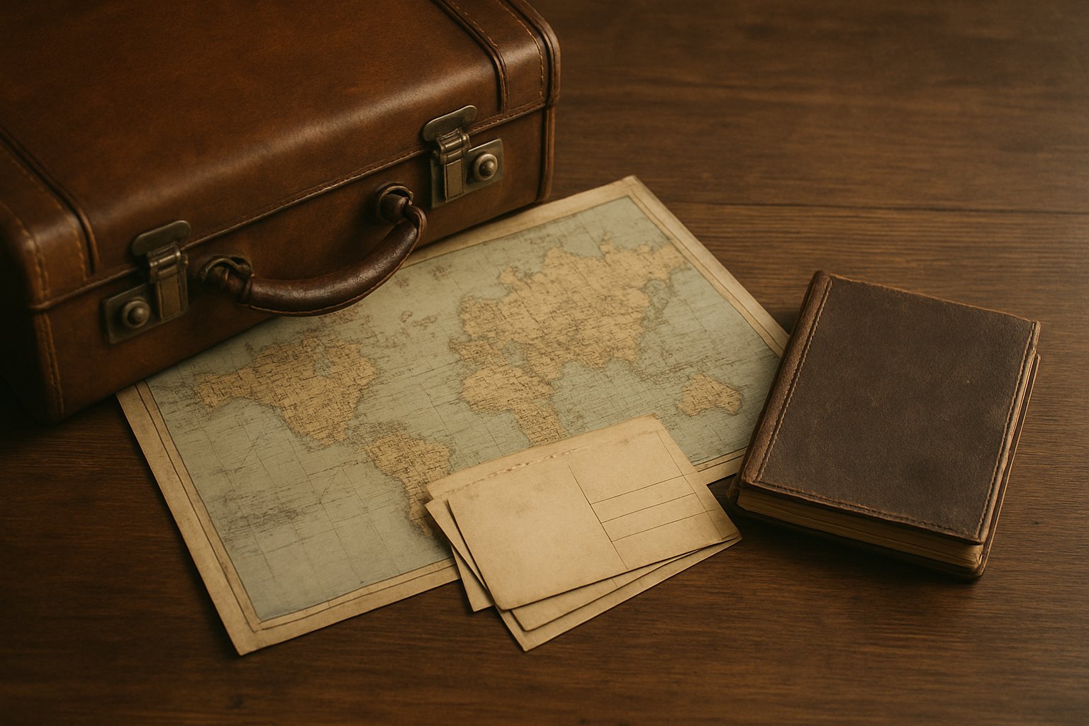 1960年代のレトロな雰囲気を思わせる旅支度の静物。木製の机の上に、革のトランク、古い世界地図、色あせた絵はがき、使い込んだ手帳が置かれている