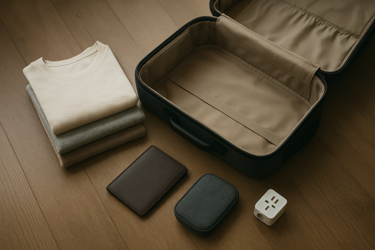 出発前日の荷造りの静物。落ち着いた色の木の床の上に開いたスーツケースがあり、たたんだ衣類、パスポートケース、変換プラグ、小さなポーチが整然と並んでいる