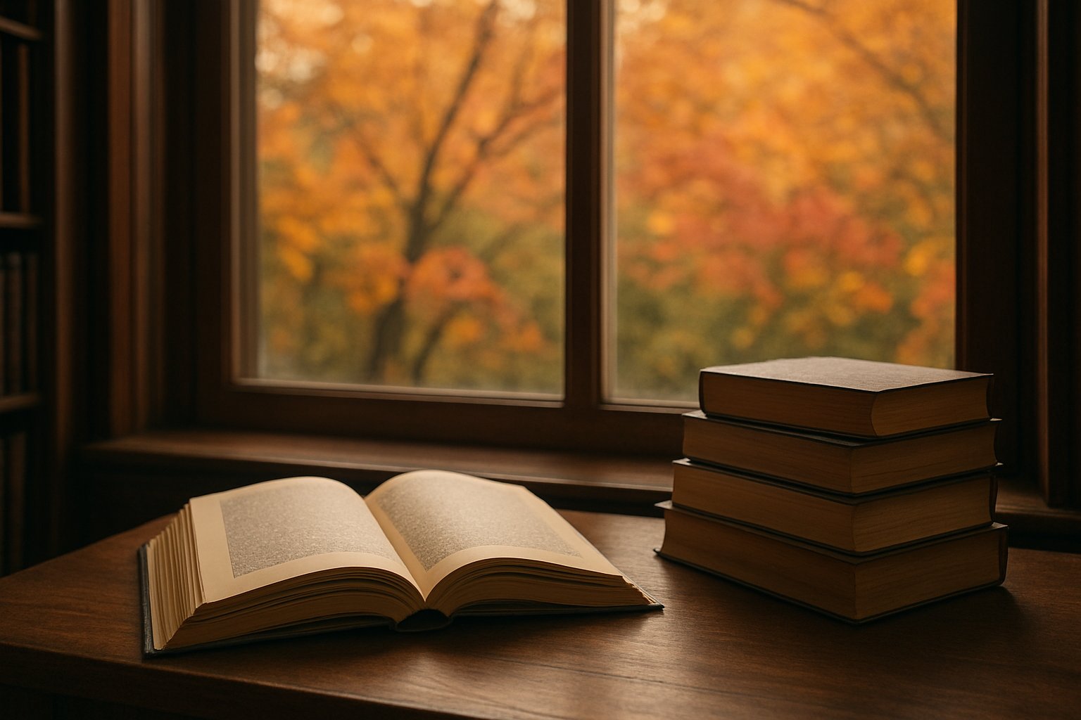 秋の午後、図書館の窓辺の木の机に開いた本と数冊の本が積まれ、窓の外に色づいた木々が見える様子