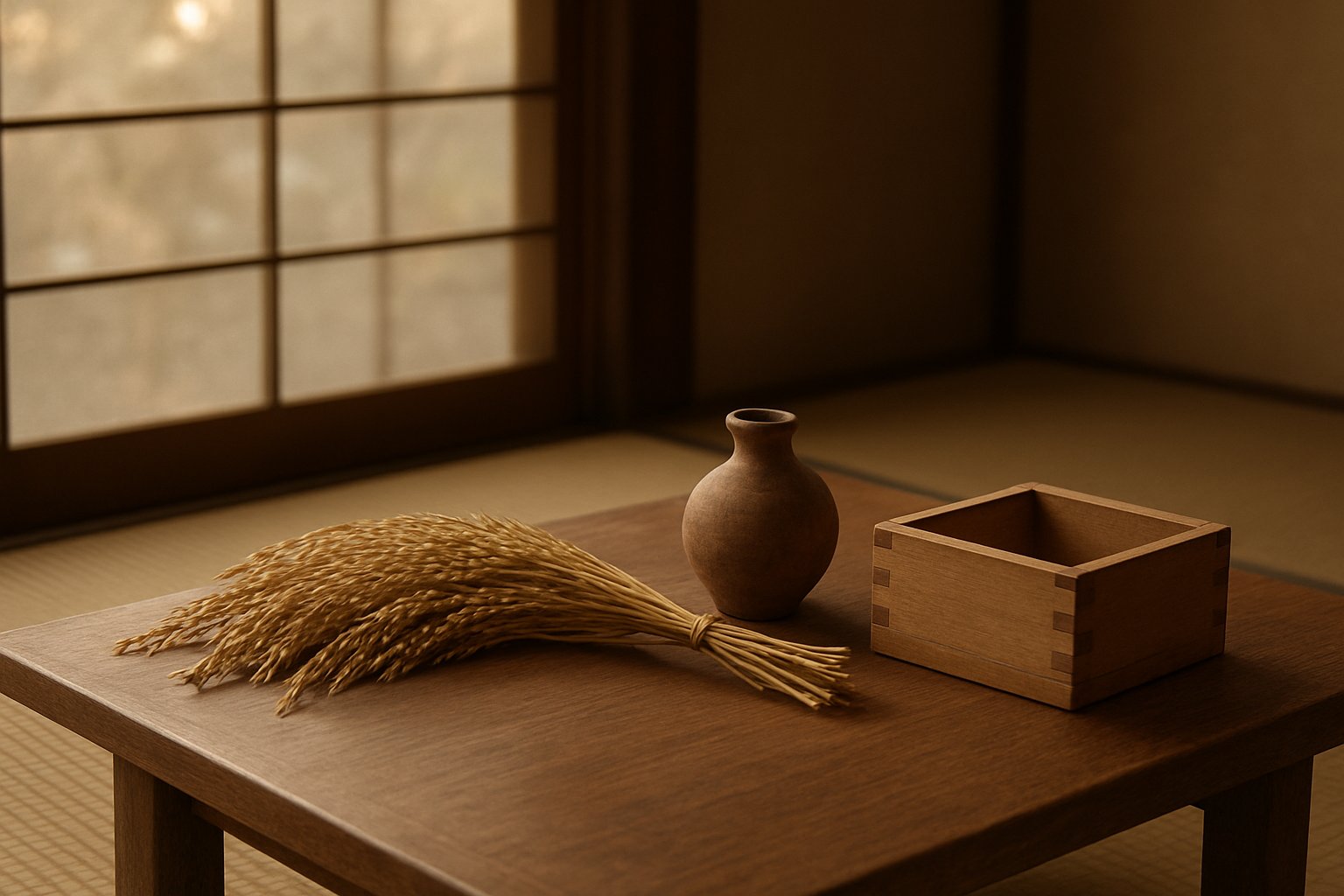 秋の午後の和室。木の座卓の上に、稲穂の束と小さな素焼きの壺、使い込まれた木製の升が並ぶ静物