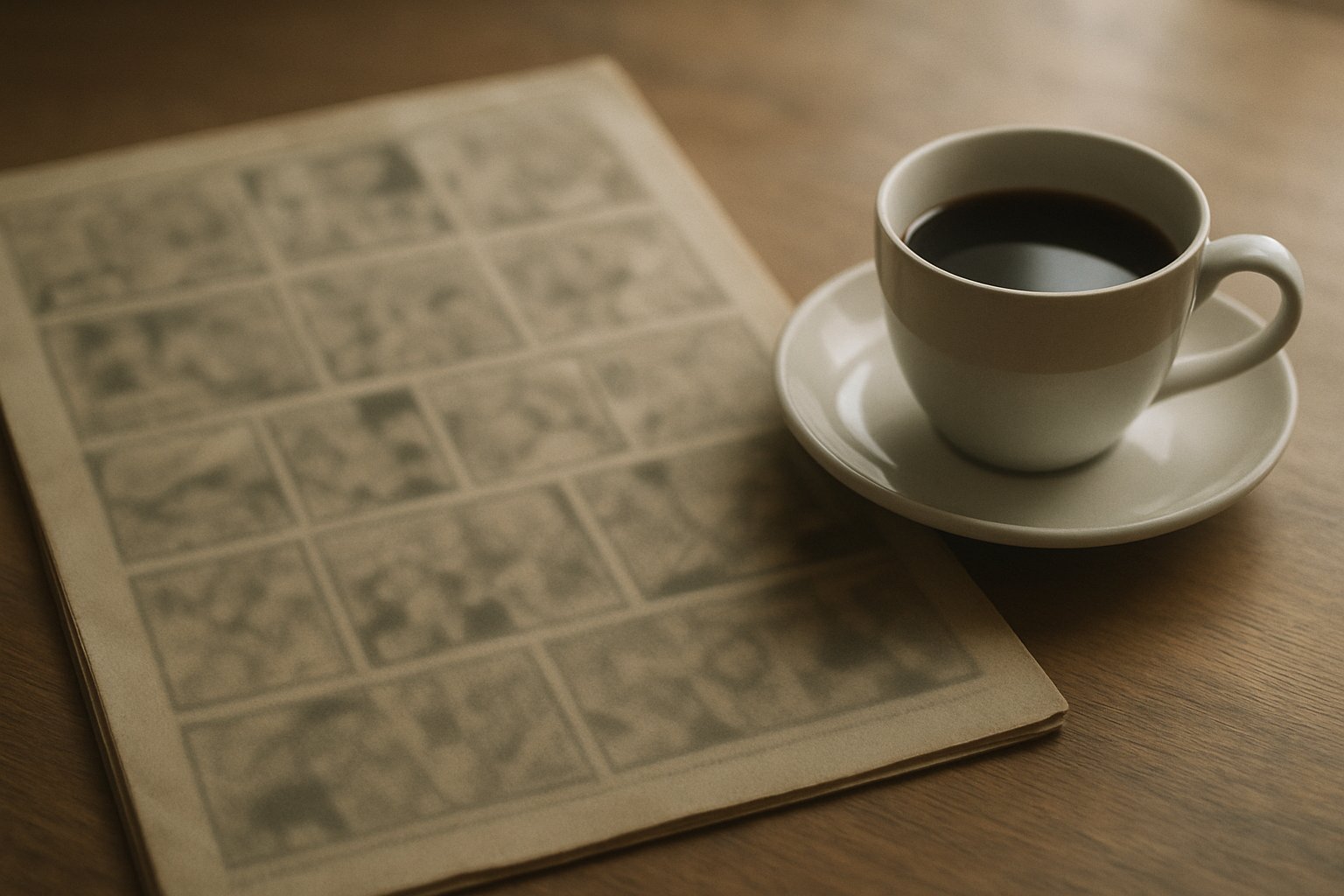 朝のテーブルに広げられた古い英字新聞のコミック欄と、そばに置かれたコーヒーカップ。キャラクターや文字は描かず、紙面はぼかした抽象的な模様で表現した、落ち着いた色調の写真風イメージ
