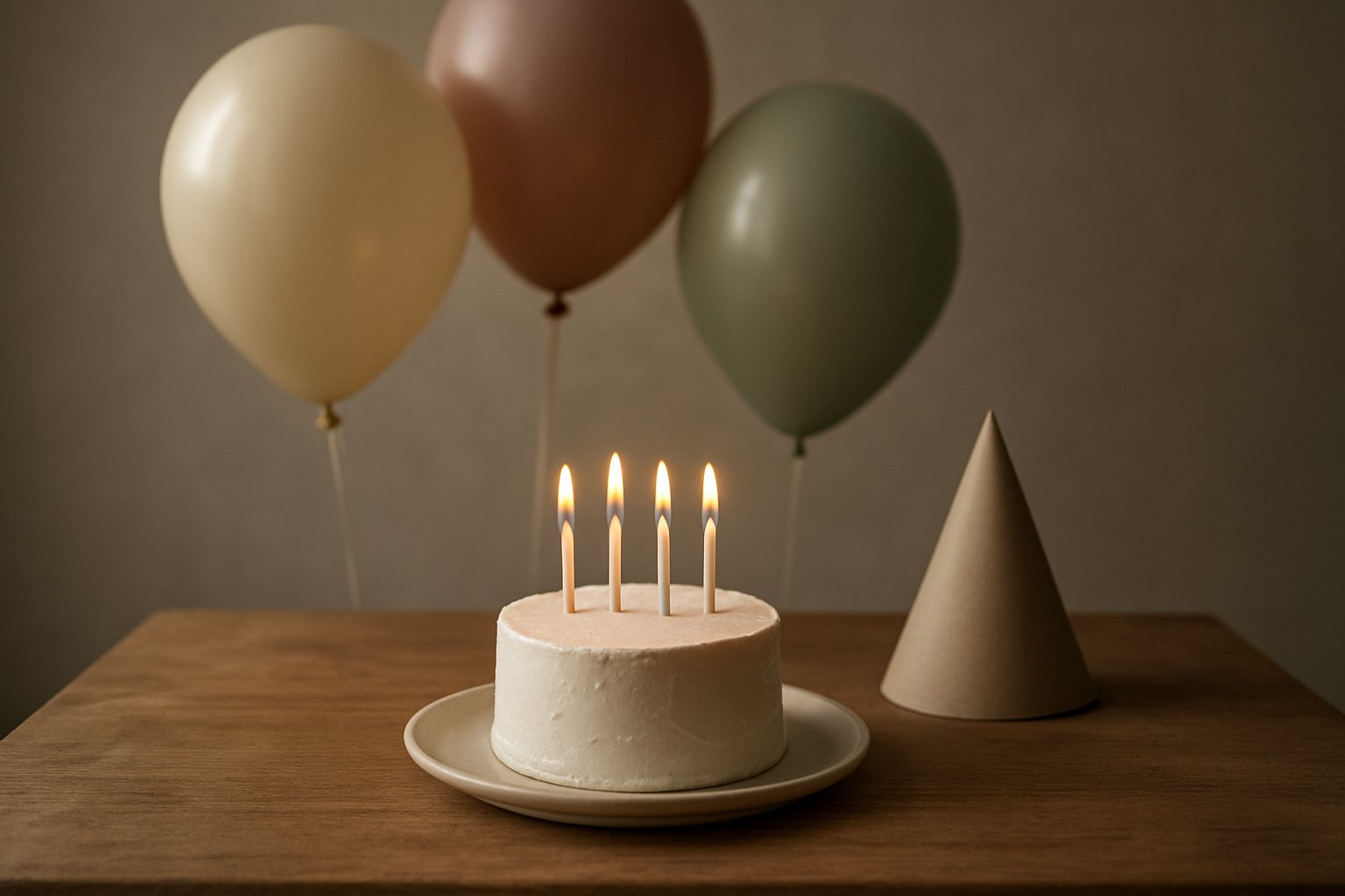 テーブルの上に置かれた小さな誕生日ケーキと紙の三角帽子、カラフルな風船。キャラクターや文字は描かない、やわらかい自然光の落ち着いた写真風イメージ