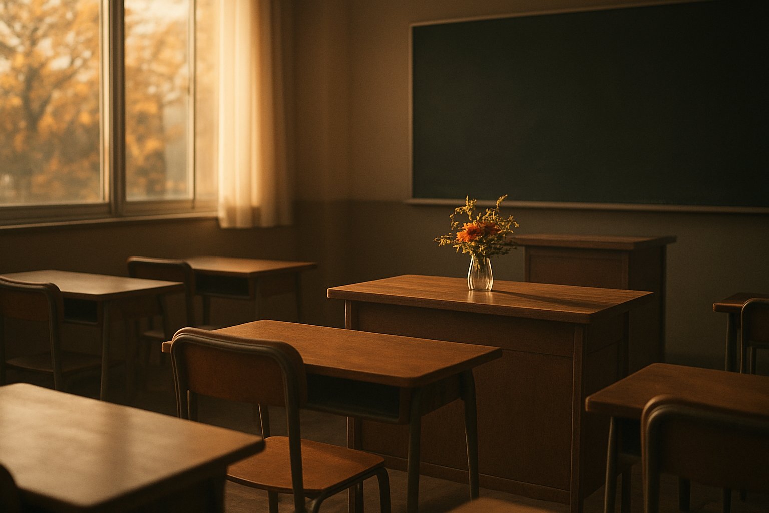 放課後の誰もいない教室で、窓から差し込むやわらかな秋の夕日が木の机と教卓を照らしている様子。教卓の上には小さな花束が置かれている。人物・文字・黒板の文字は描かない、落ち着いた色調の上品な写真風イメージ