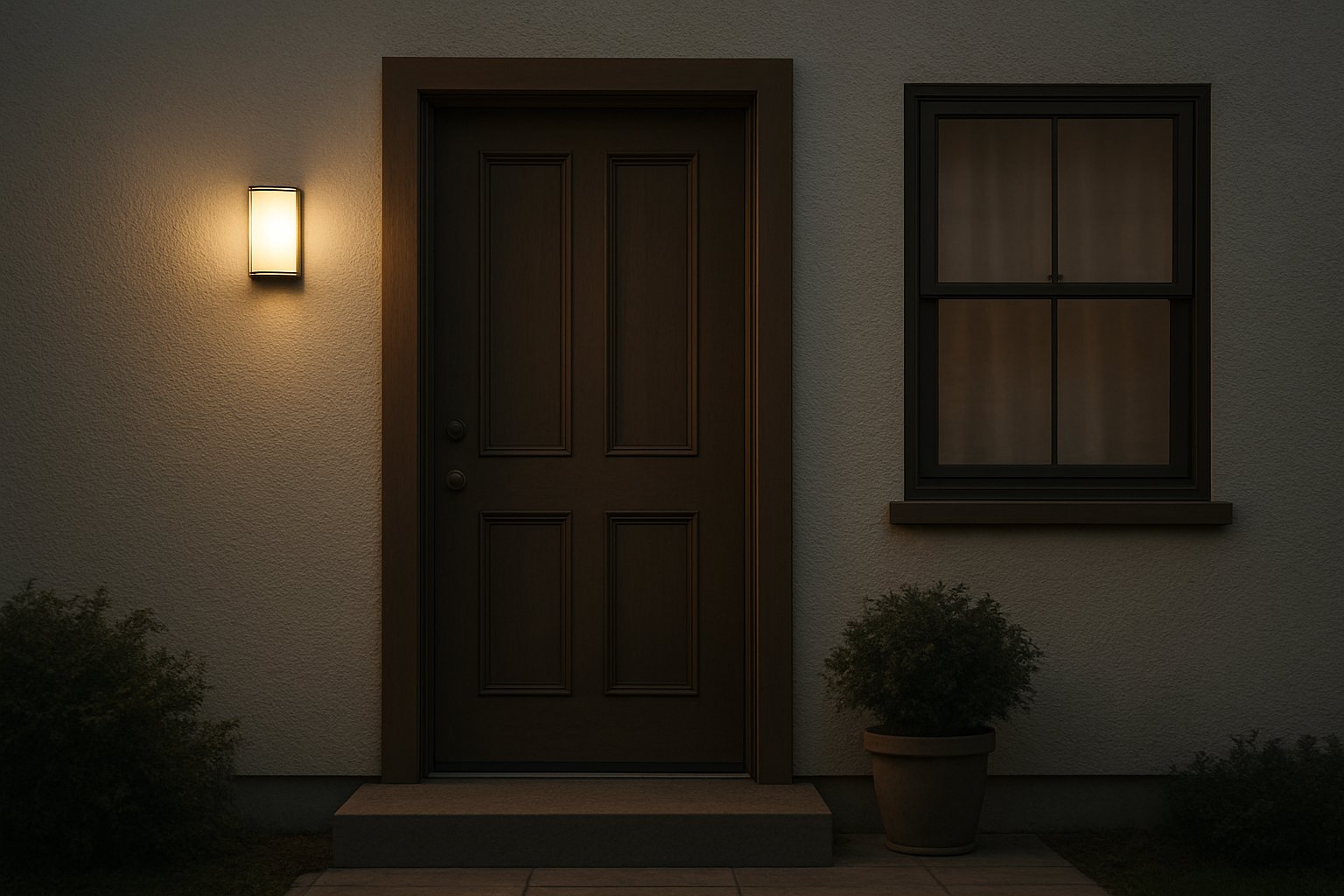 夕暮れの一戸建ての玄関先で、センサーライトがやわらかく灯り、窓には補助錠が付いている様子