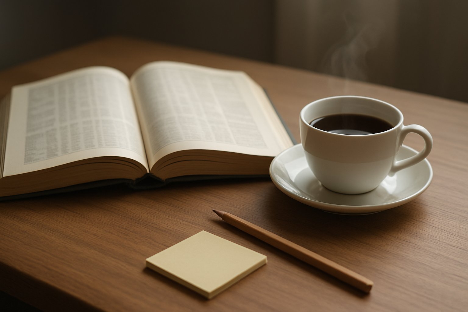 木の机の上に開いた分厚い時刻表と、横に置かれた鉛筆と付箋、湯気の立つコーヒーカップ