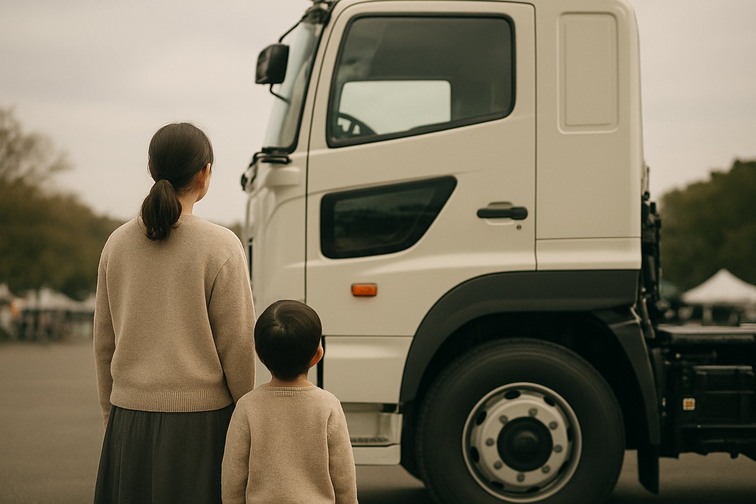 屋外のイベント広場に停まった大型トラックの運転席を、親子が見上げている様子。人物は後ろ姿で、文字・ロゴ・ナンバーは描かない、落ち着いた色調の上品な写真風イメージ