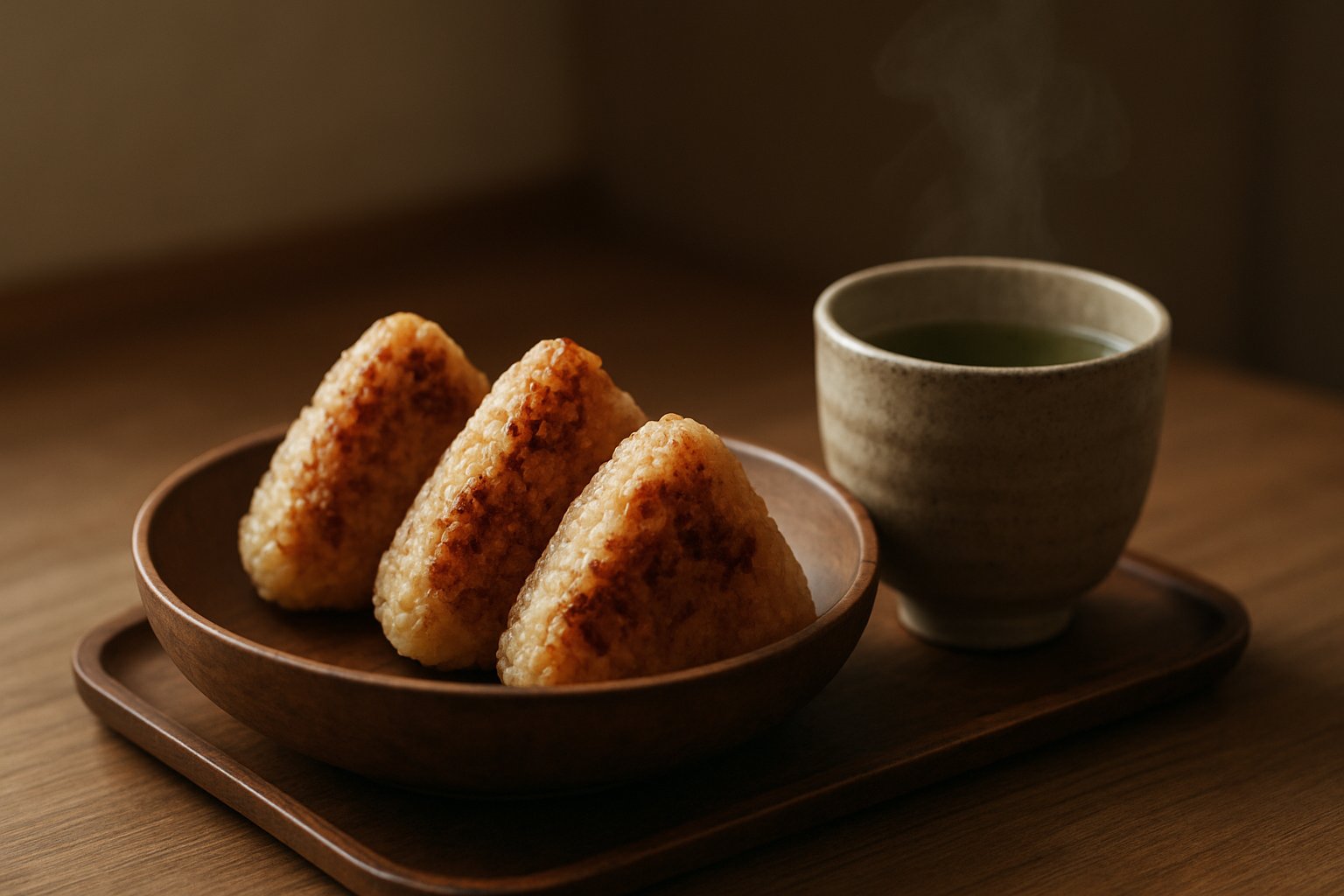 素朴な木の器に、しょうゆの焼き色がついた三角の焼きおにぎりが2〜3個並び、横に湯気の立つ緑茶が添えられた和の食卓。文字・ロゴ・商品パッケージは描かない、落ち着いた色調の上品な写真風イメージ
