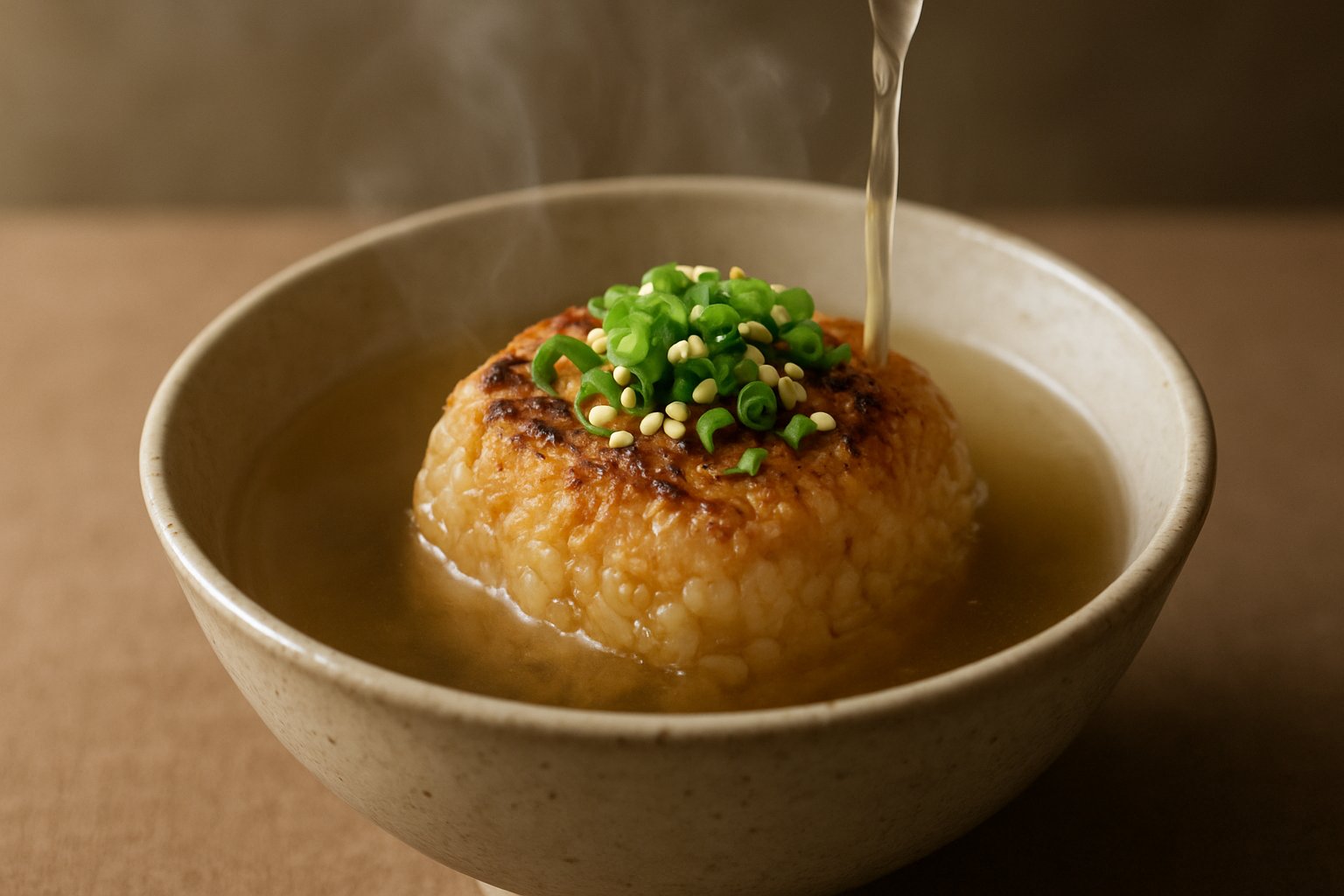 焼きおにぎりに熱いだしをかけた、だし茶漬けの器のアップ。刻みねぎと白ごまをのせ、湯気が立っている。文字・ロゴは描かない、落ち着いた色調の上品な写真風イメージ